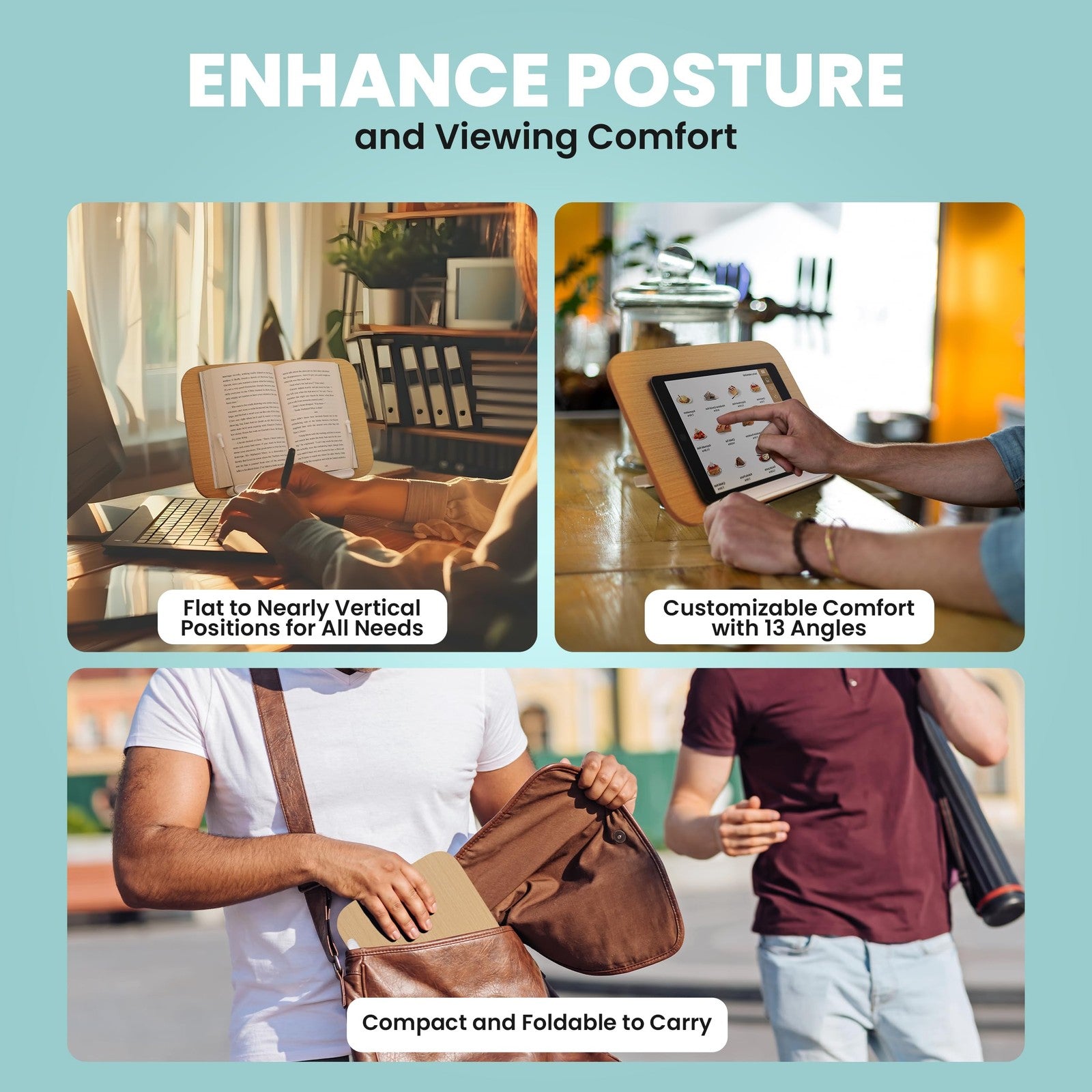 Wood Book Stand - Holder for Reading Hands Free Foldable Adjustable Display