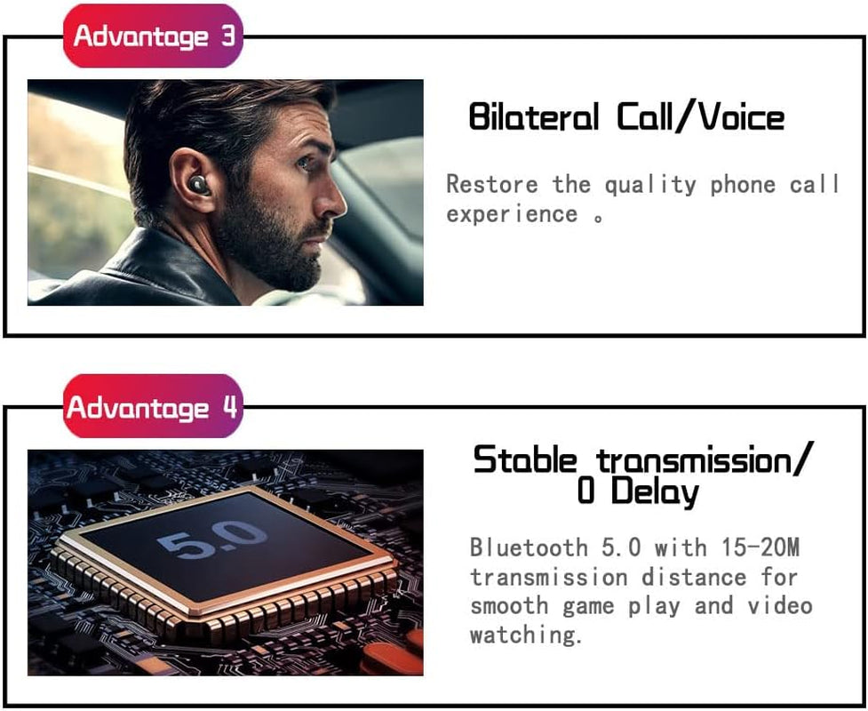 Wireless Earbuds, Powerful Customized Sound with Big Bass, Built-In 4 Mic, Button Control, IPX6 Waterproof Bluetooth Earbuds, Wireless Earphones Compatible with Android & Apple, Colorful