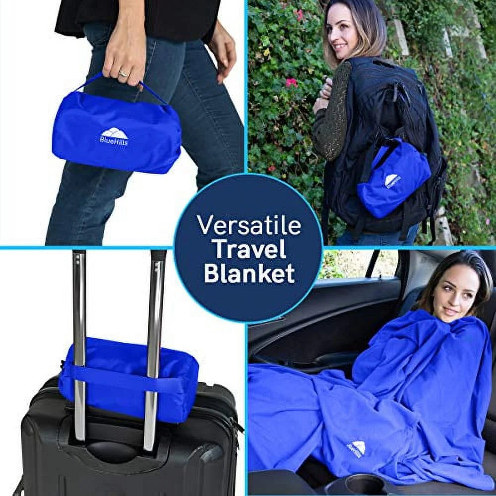 Ultra Compact Airplane Travel Blanket 2 Pack Throw Blanket – Royal Blue