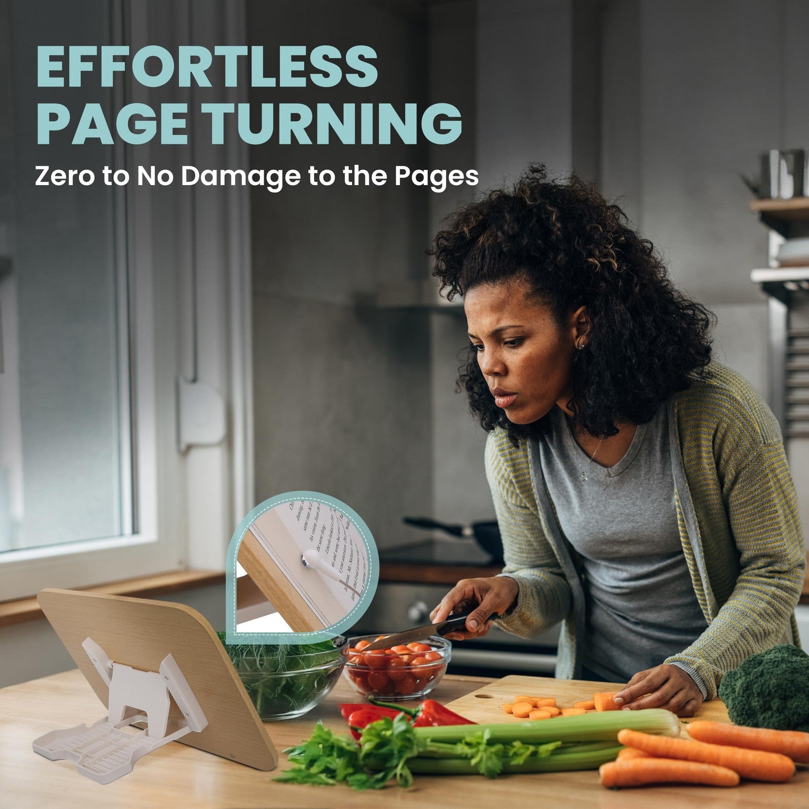 Wood Book Stand - Holder for Reading Hands Free Foldable Adjustable Display