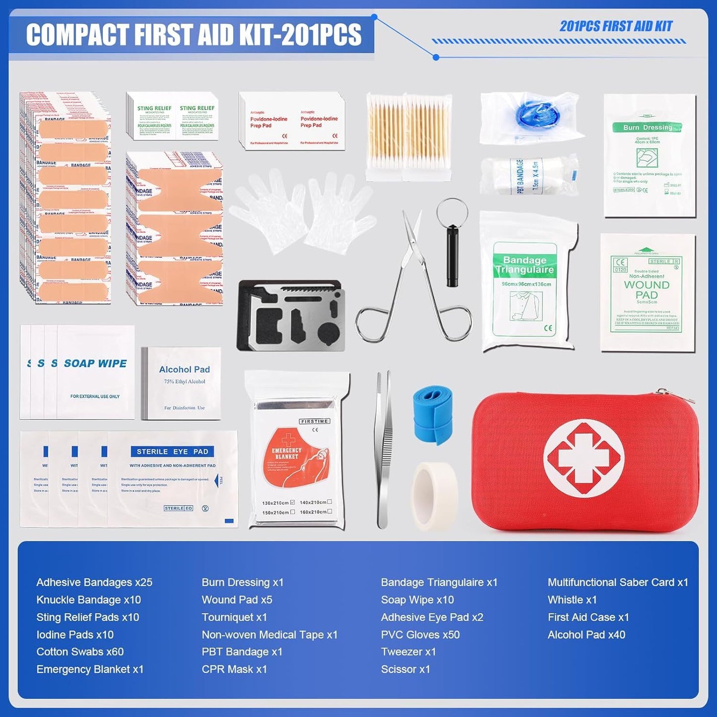 Mini Travel First Aid Kit, Emergency Kit with 201PCS First Aid Supplies And